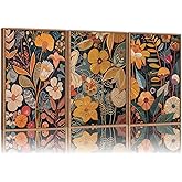 SIGNINART Orange Floral Framed Canvas Wall Art Set of 3, Mid Century Modern Flower Wall Decor, Neutral Plant Artwork, Boho Botanical Art Prints for Bedroom Living Room Office 16"x24"x3