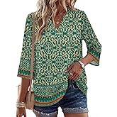 Rapbin Womens 3/4 Sleeve V Neck Floral Print Pleated Blouses for Women Dressy Casual Loose Fit Tops