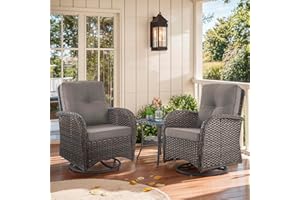 Artfurniz Outdoor Swivel Glider Rocker Chairs - 3 Piece Patio Furniture Set, Patio Bistro Sets with Tempered Glass Side Table, for Balcony, Porch - Brown Wicker, Grey Cushion
