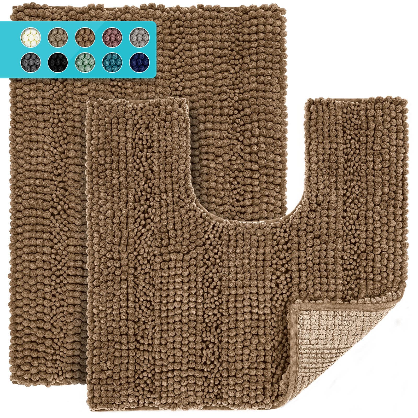 JARITTO Bath Mat Set 2 Pieces Non Slip Bathroom Mat for Shower Bathtub & Pedestal Mat for Toilet Curved U Shape Rug Machine Washable Absorbent Microfiber - 43X61cm + 51x51cm (Coffee)