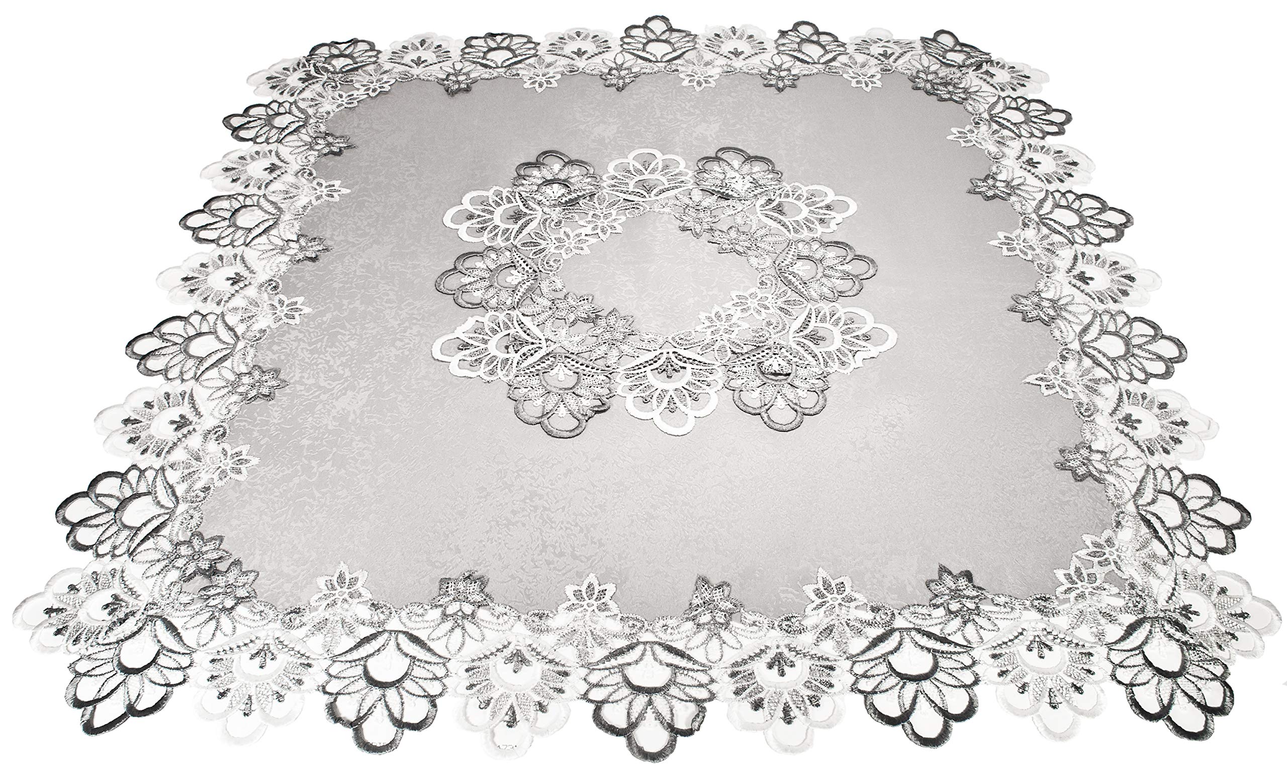 Linens, Art and Things Silver European Lace with Antique Jacquard Fabric Table Topper, Small Tablecloth (34 Inch Square)