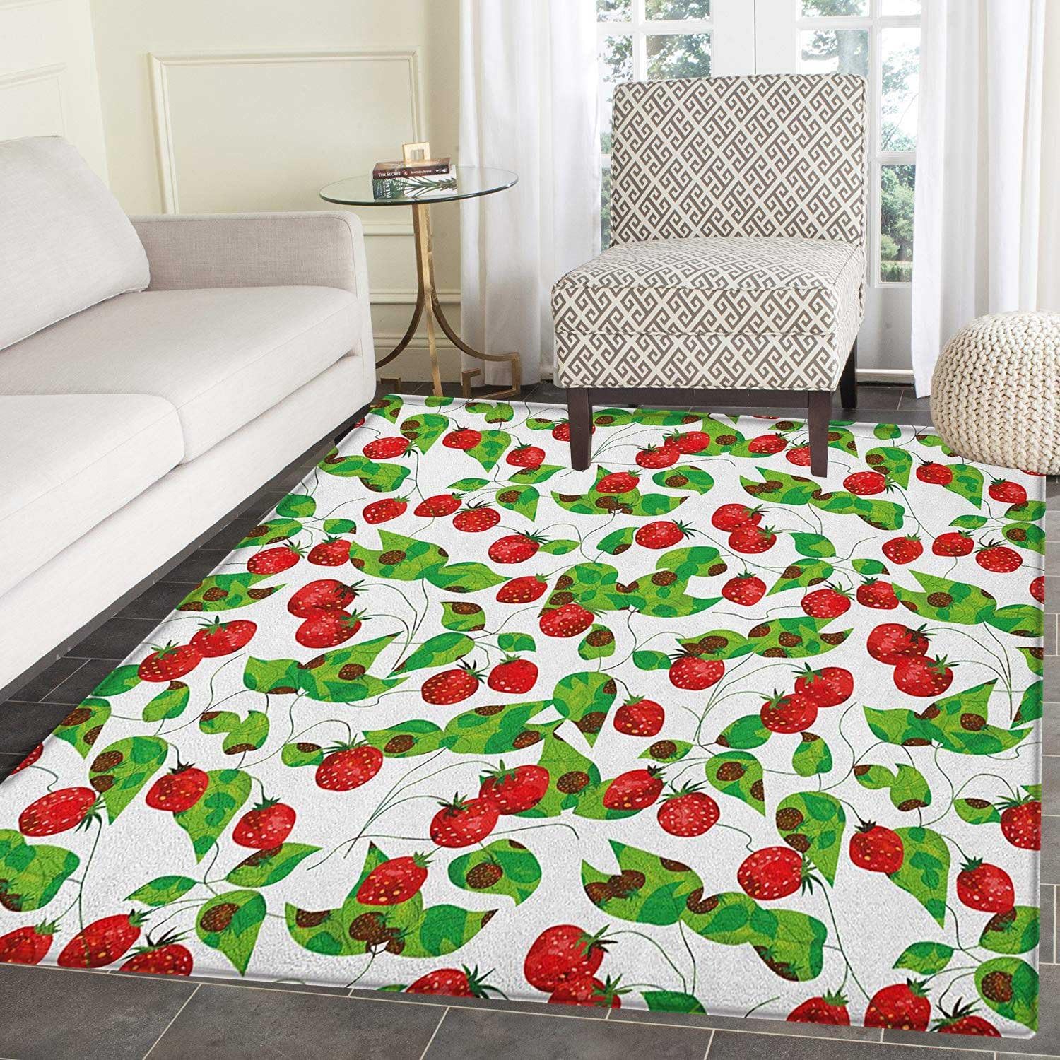 Fruits Area Rug Carpet Summer Vibes with Strawberry Branch