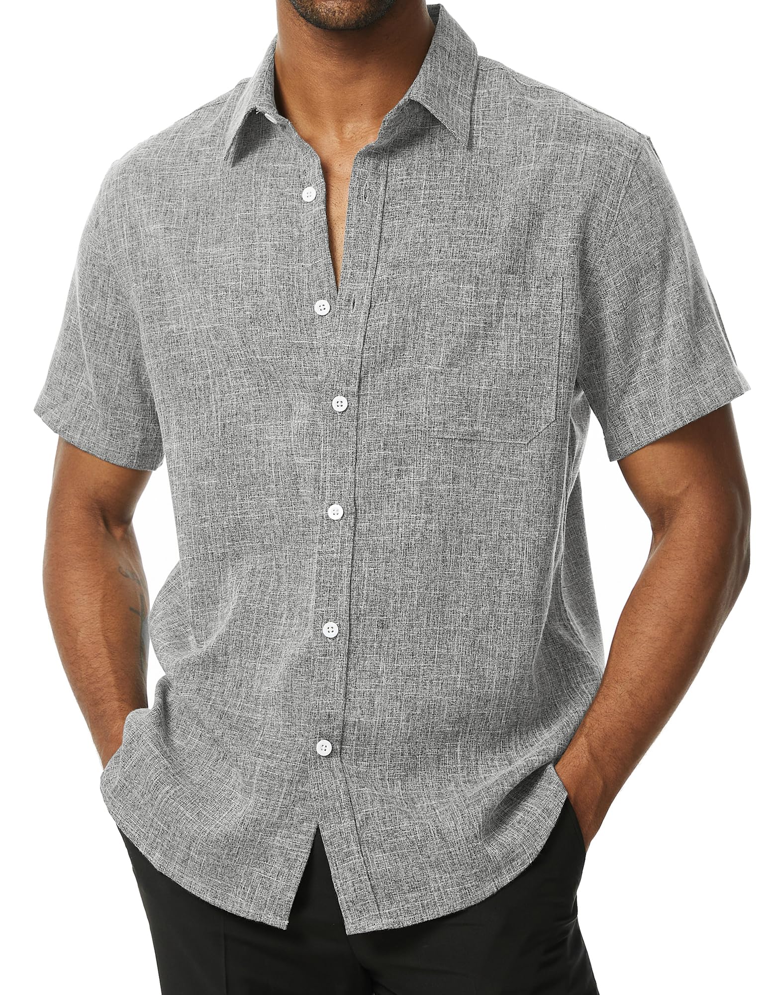 Photo 1 of PARKLEES Mens Wrinkle Free Short Sleeve Button Down Shirts Texture Linen Shirts Casual Vacation Beach Summer Tops Light Grey XXX-Large