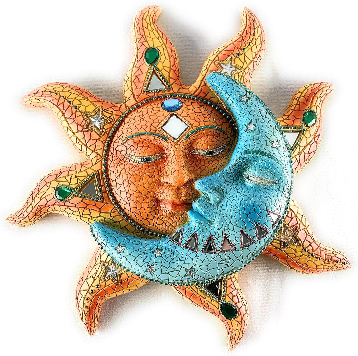 Sun And Blue Moon 3D Mosaic Celestial Face Decor Indoor Outdoor Wall Art Plaque Sculpture Mount For Inside Home Living Room Bedroom Bathroom Kitchen Or Outside Patio Fence Porch,11.5X11.5 inch