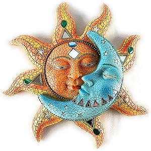 Sun And Blue Moon 3D Mosaic Celestial Face Decor Indoor Outdoor Wall Art Plaque Sculpture Mount For Inside Home Living Room Bedroom Bathroom Kitchen Or Outside Patio Fence Porch,11.5X11.5 inch