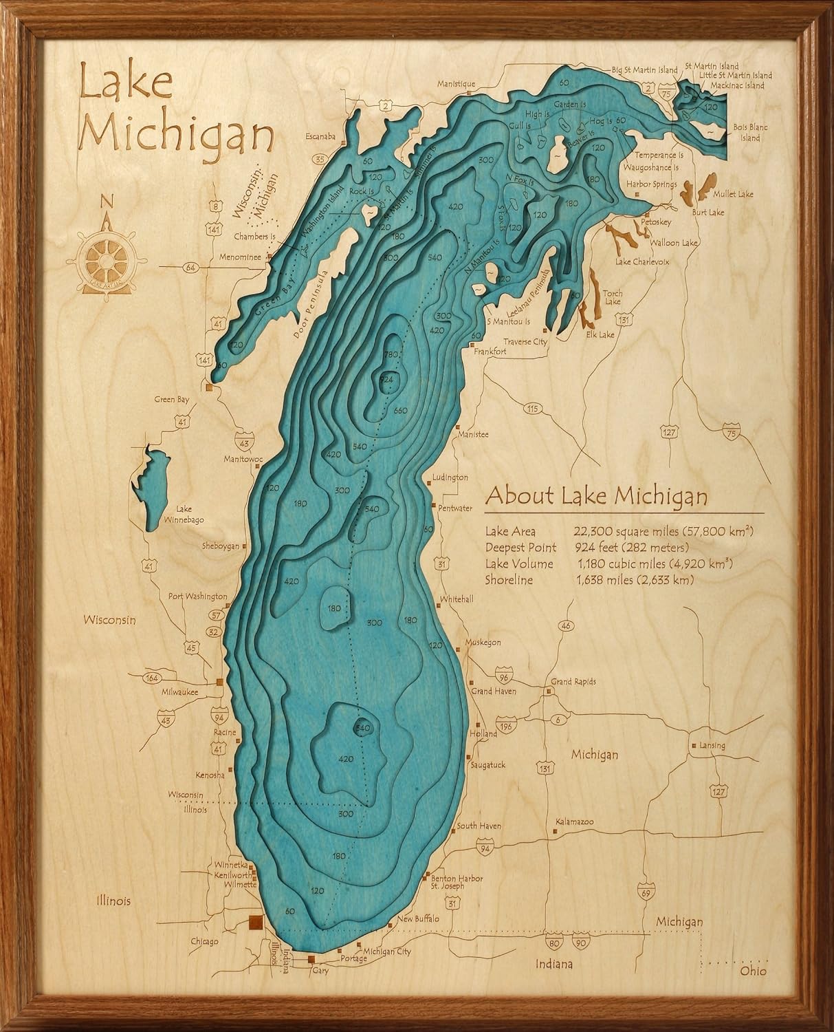 Big Bradford Lake 16" x 20" Laser Carved Depth Map, Otsego