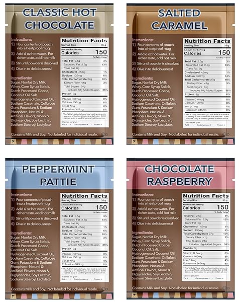 GOURMET HOT COCOA MIX VARIETY PACK – CLASSIC, CHOCOLATE RASPBERRY, SALTED CARAMEL, & PEPPERMINT HOT CHOCOLATE MIX SETS – 32 COUNT