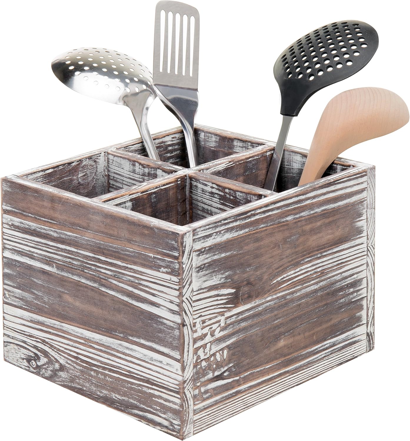 Flatware Caddy Rustic Torched Wood Kitchen Cooking