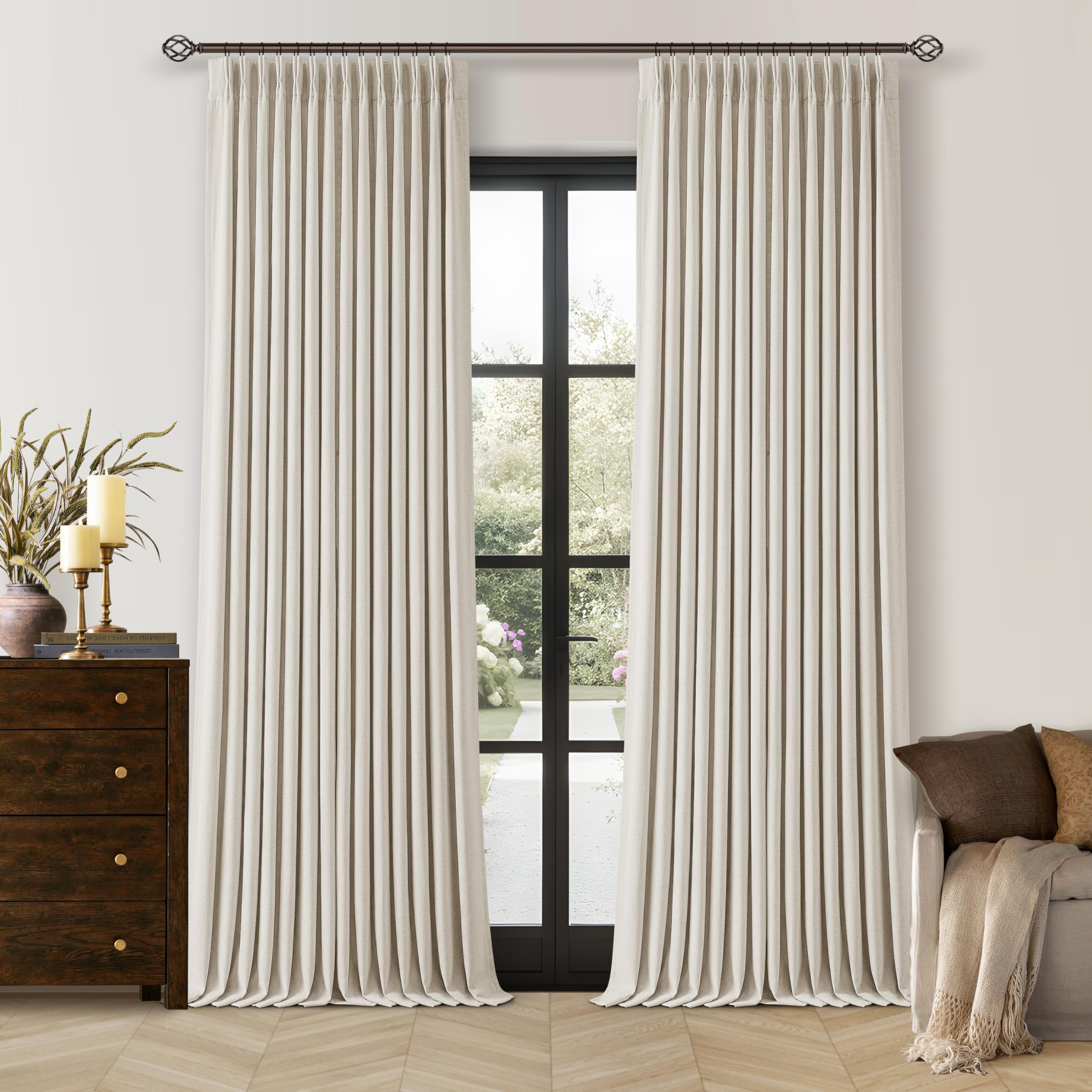 Photo 1 of Pinch Pleated 100% Blackout Linen Curtains 96 Inch Length 2 Panels Pinch Pleat Curtains Black Out Light Blocking Room Darkening Drapes Dual Layer for Bedroom Living Room Window Cream Ivory Natural