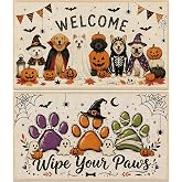 Romart 2 Pcs Halloween Ghost Dog Door Mats Set | Includes two 28x16 inch gold velvet mats with silicone base and grip stickers for indoor entryway decor