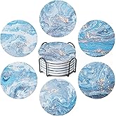 Hoewina 6Pcs Drink Coasters with Holder, Marble Style Ceramic Drink Coaster, Absorbent Coasters Set Suitable for Kinds of Cups, Modern Style Coaster for Coffee Table, 4 Inches(Style 9)