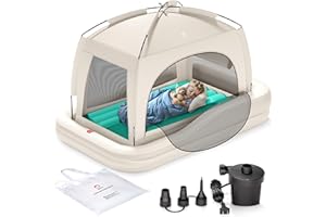 QPAU Inflatable Toddler Travel Bed, Khaki & Green