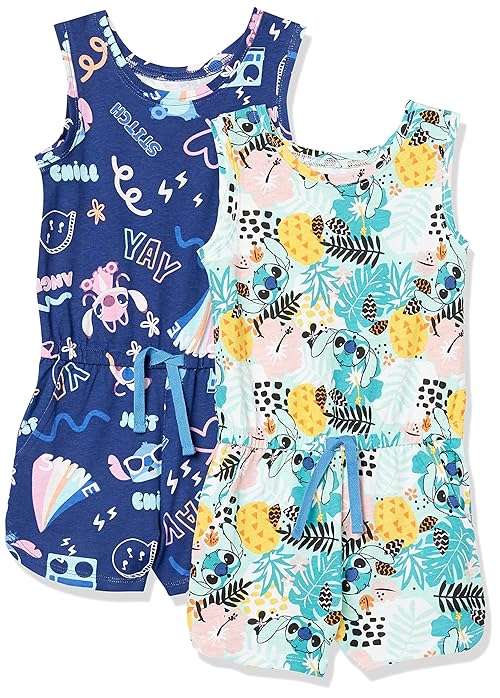 Amazon Essentials Disney | Marvel | Star Wars | Frozen | Princess Girls' Knit Sleeveless Rompers, Pack of 2, Tropical Stitch, Large