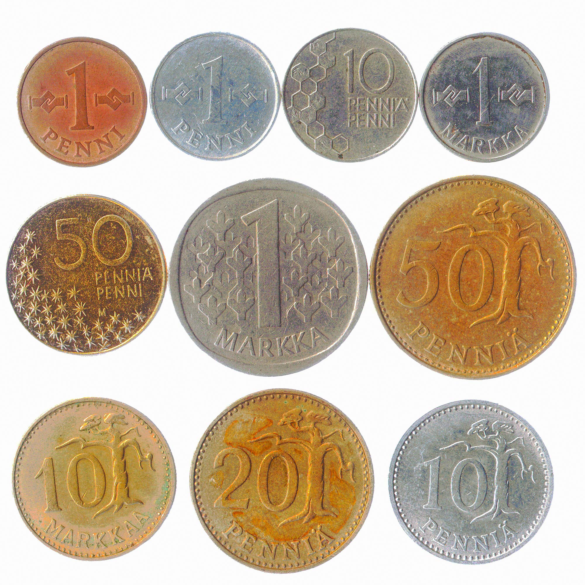 10 FINLAND COINS FINNISH SUOMI PENNI PENNIÄ MARKKAA 1963-2001. PERFECT CHOICE FOR YOUR COIN BANK, COIN HOLDERS AND COIN ALBUM