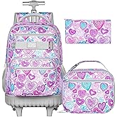 ZLYERT 3Pcs Rolling Backpack for Girls Women, Travel Roller Backpacks with Wheels for Adults, Teens College Love Wheeled Bookbag with Lunch Box(Ash Powder)