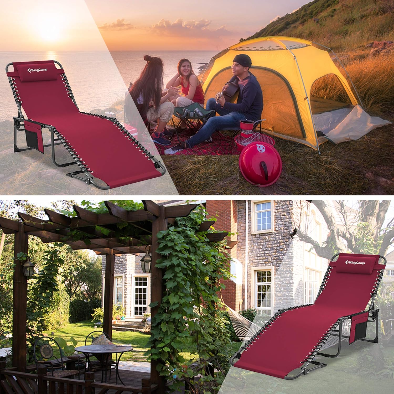 KingCamp Adjustable 4-Position Outdoor Chaise Lounge Chair Heavy Duty Camping Recliner Folding Cot with Pillow Pocket for Patio Garden Yard Lawn Sunbathing Beach Pool, Supports 265lbs: Sports & Outdoors