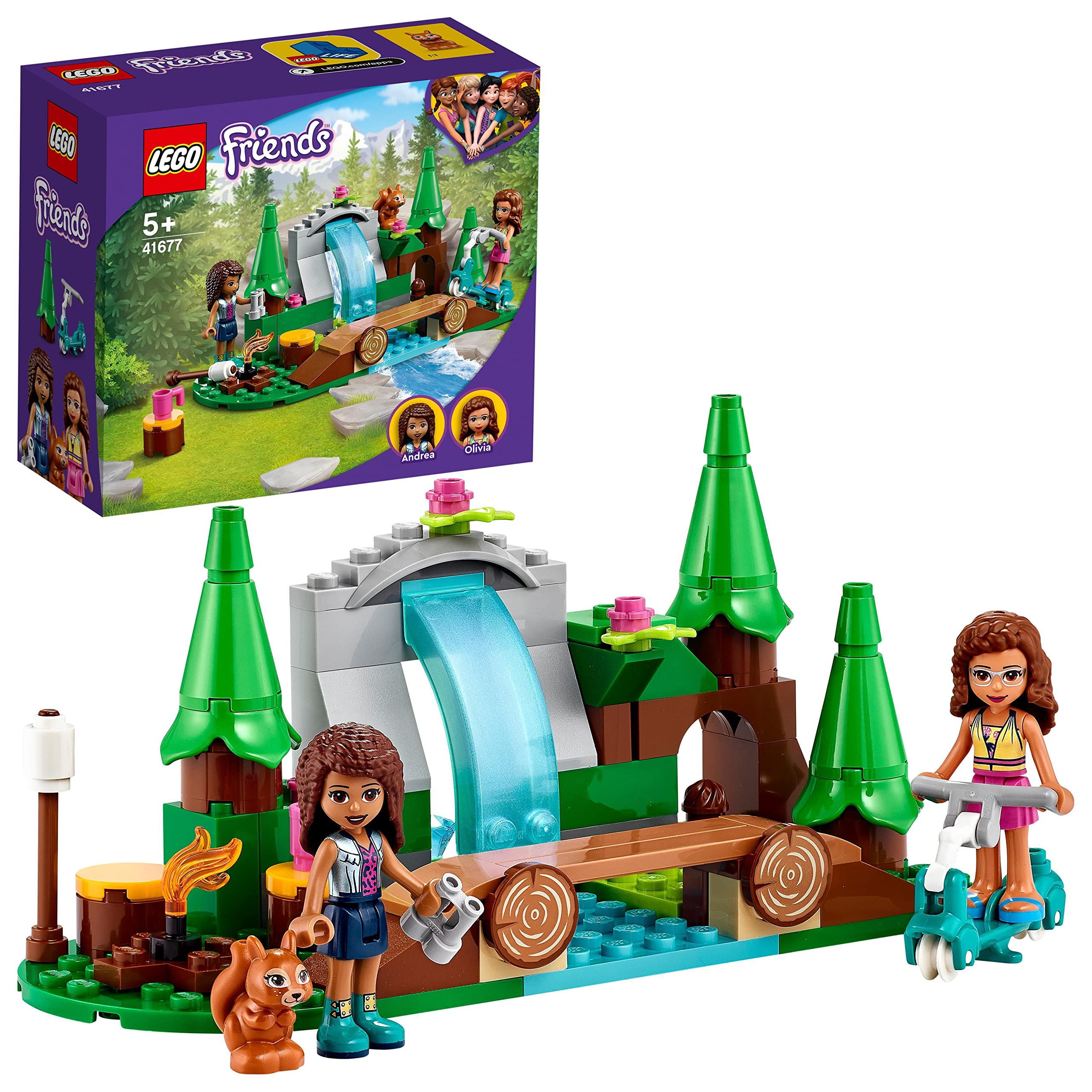 LEGO Friends Forest Waterfall 41677 Building Kit; Waterfall Toy Comes Friends Andrea and Olivia Mini-Dolls Plus a Squirrel Toy; Creative Birthday Gift for Kids Who Love Wildlife (93 Pieces)
