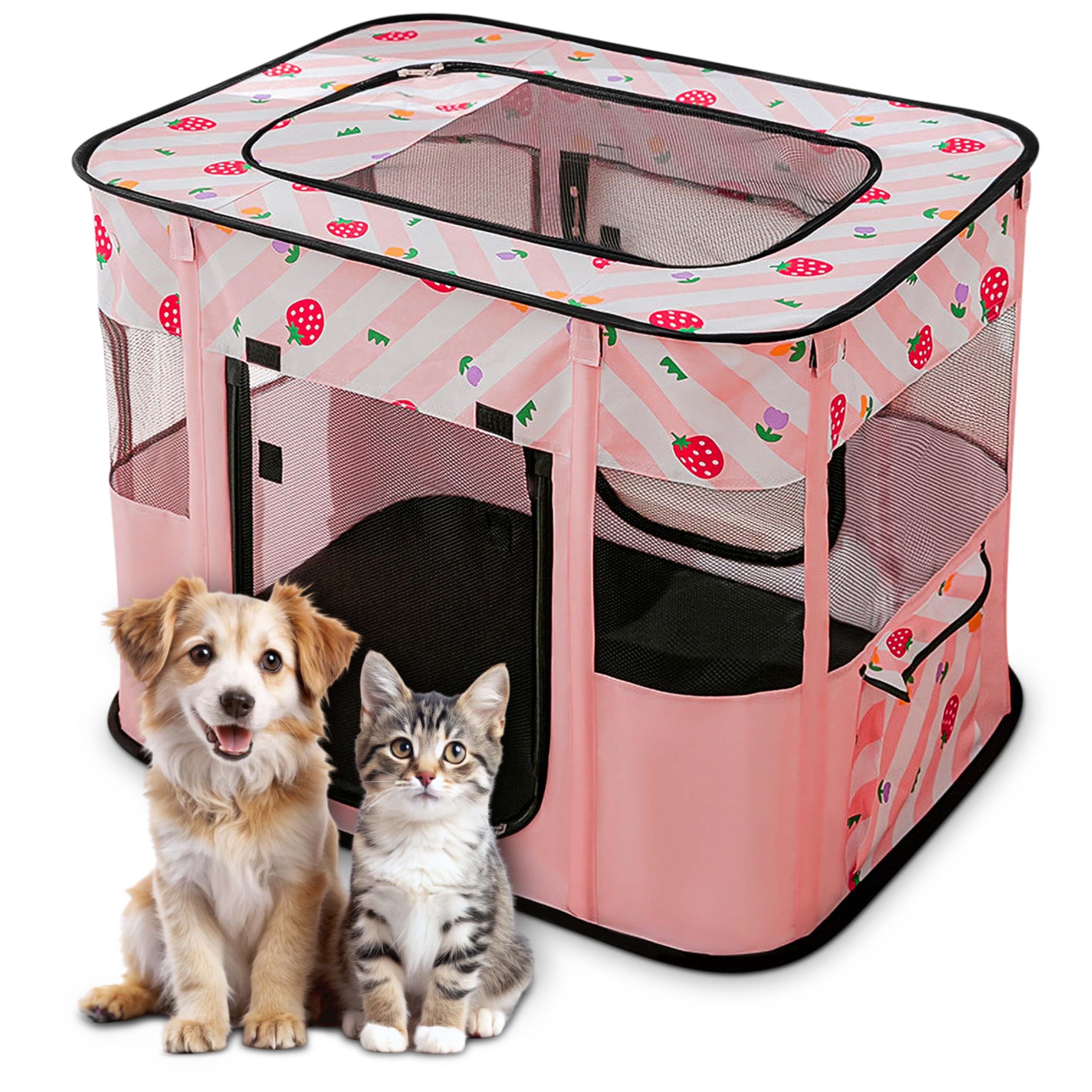 ALLSOPETS Cat Playpen for Dog, Foldable Pet Play Pen for Indoor Outdoor Use, Portable Dog Cat Crate Tent for Puppies Kittens, Pop-Up Pet Cage for Travel Camping (Pink Strawberries, M)