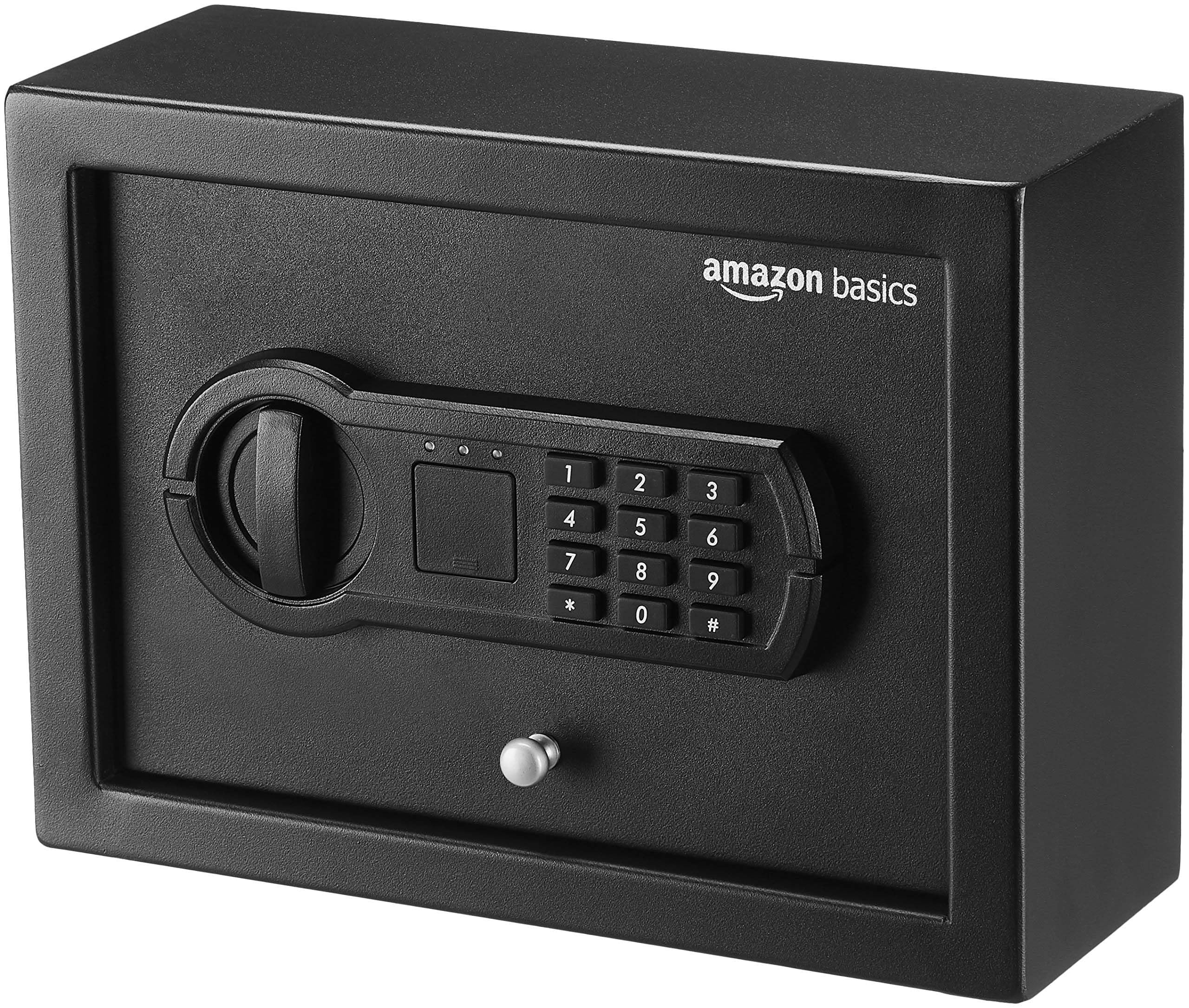 Photo 1 of **KEYS ARE MISSING** Amazon Basics Small Slim Desk Drawer Security Safe with Programmable Electronic Keypad, 0.1 Cubic Feet, Small Safe, Black, 11.8''W x 8.6''D x 4.4''H