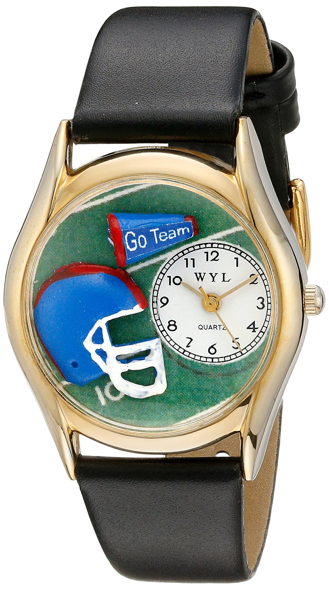 Whimsical Watches Football Black Leather and Goldtone Unisex Quartz Watch with White Dial Analogue Display and Multicolour Leather Strap C-0820009