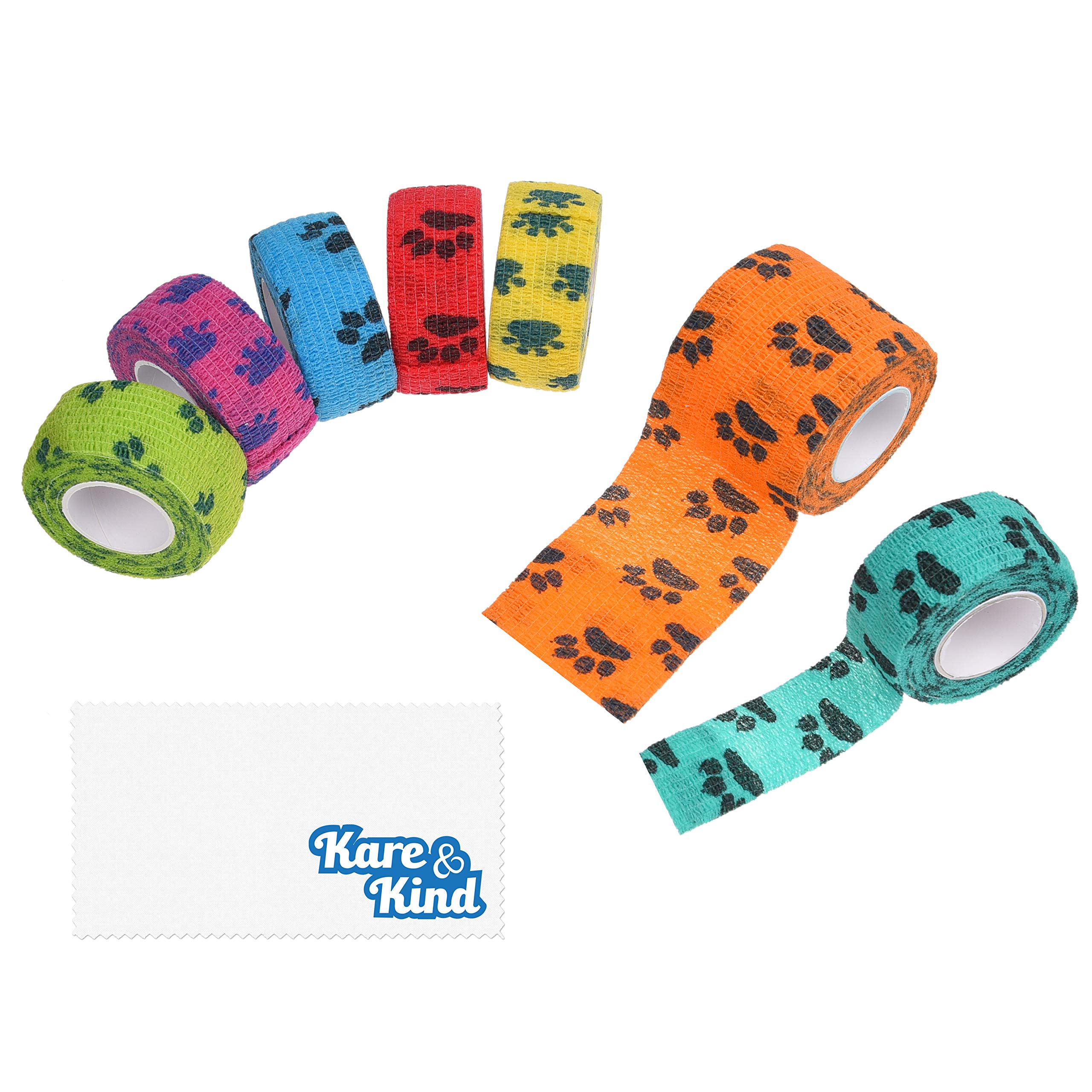 Kare & Kind Self-Adhesive Bandage - Injury Wrap Tape for Pets - Dog, Cats, Horses - 7 Multi-Color Rolls - Muscle and Joint Support - Elastic, Does not Stick to Animal Fur or Coat