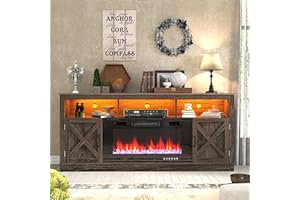 jiteentarou Farmhouse Fireplace TV Stand for 70/75/80 Inch TV, 32”Tall Entertainment Center w/ 36”Electric Fireplace and LED Light, 70”Media Console w/Barn Door Cabinet for Living Room, Grey