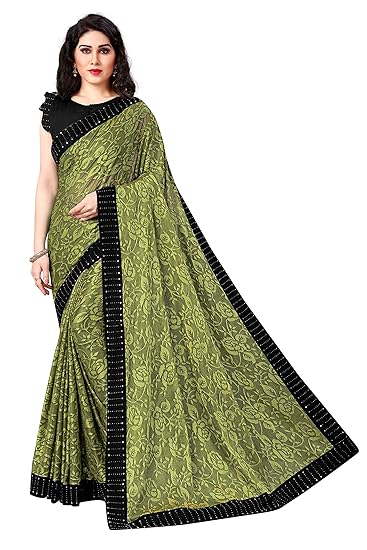 Womens Lycra Woven Design Embellished Border Saree With Blouse Piece