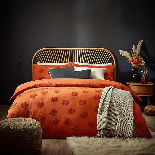 furn. Pumpkin Tufted Halloween 100% Cotton Duvet Cover Set – Autumn Bedding (Orange - King)