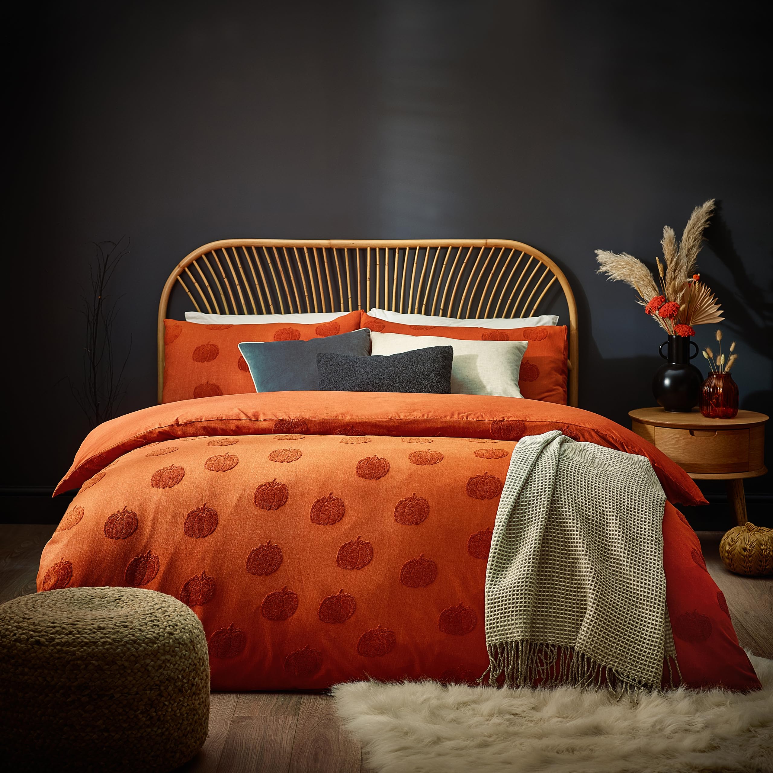 furn. Pumpkin Tufted Halloween 100% Cotton Duvet Cover Set – Autumn Bedding (Orange - Double)