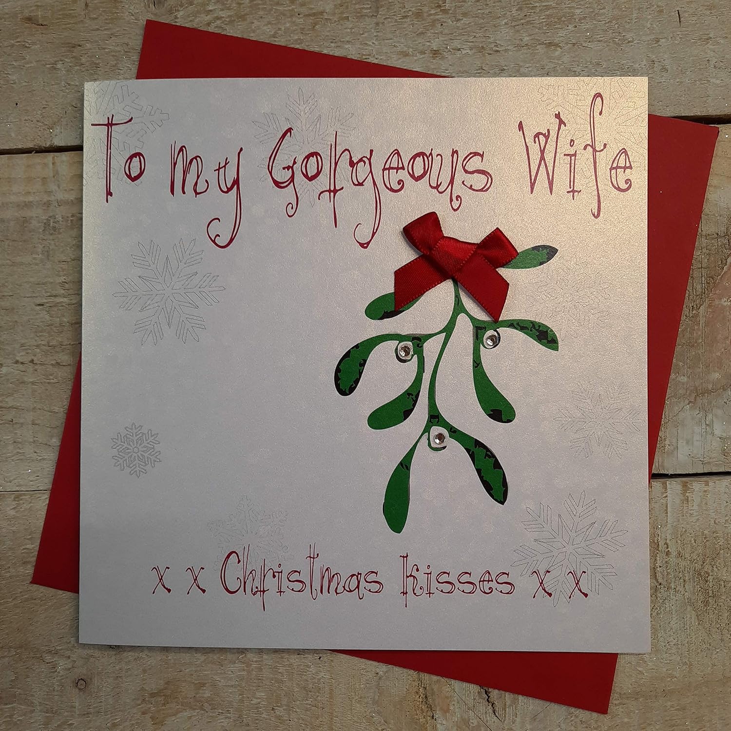White Cotton Cards To My Gorgeous Wife Kisses xx Handmade Christmas Card (Mistletoe), 16cm x 16cm