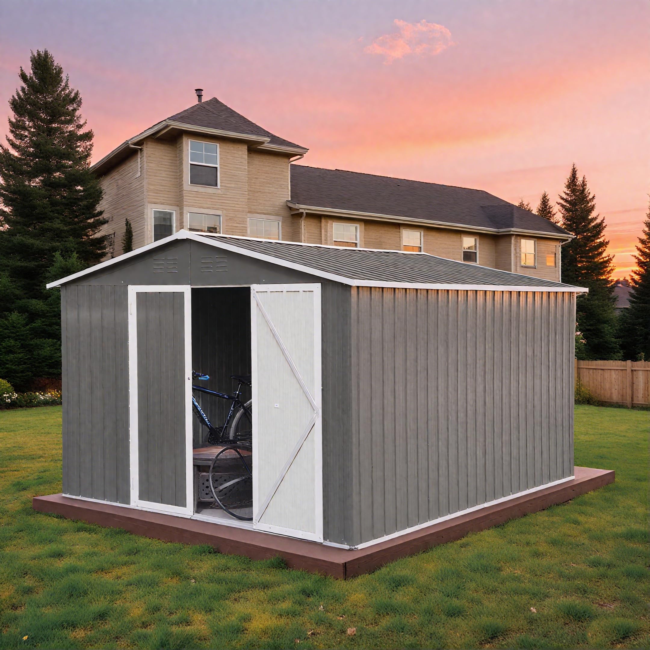 Photo 1 of 10 x 8 FT Outdoor Storage Shed, Metal Garden Tool Shed with Slooping Roof, Lockable Doors and Aluminum Frames, Easy to Assemble for Garden, Patio, Lawn, Grey