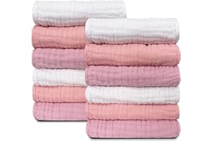 Sunny zzzZZ Baby Muslin Washcloths -100% Cotton Muslin Soft Baby Bath Wash Cloths and Absorbent Burp Cloths for Newborns Kids Girls and Boys -12 Pack, 12x12 Inches - White+Light Sakura Series