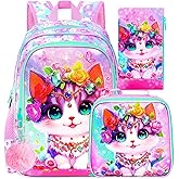 ZLYERT 3Pcs Cat Backpack for Girls, 16" Kids School Backpacks with Lunch Box, Bookbag for Elementary Preschool Kindergarten(Pink)