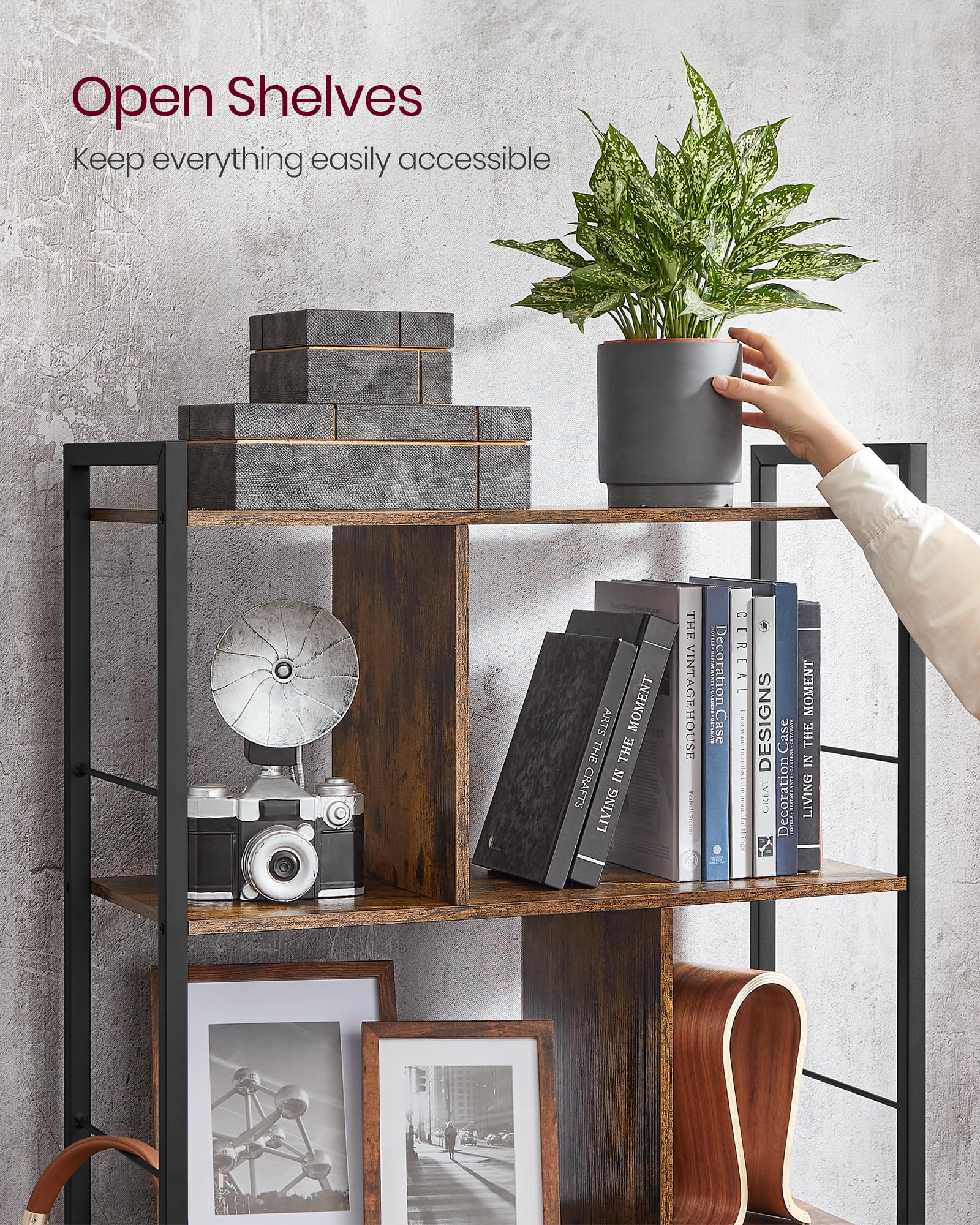 VASAGLE Bookshelf, 5-Tier Bookcase, Storage Shelving Unit, Display Shelf with Open Compartments for Living Room, Home Office, Bedroom, Industrial, Rustic Brown and Black ULBC121B01