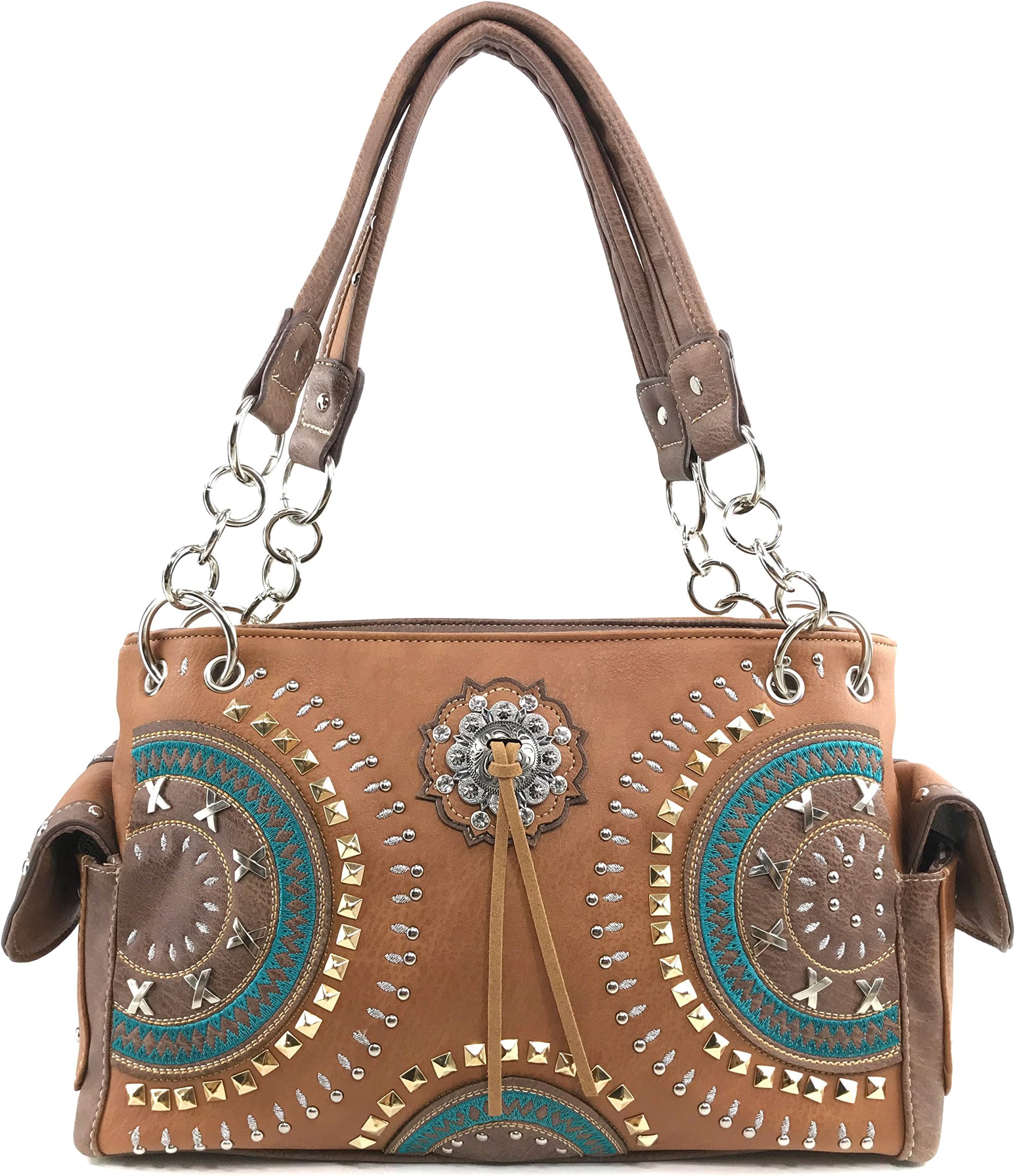 Native American Circle Mountain Gold Studs Embroidered Studded CCW Concealed Carry Shoulder Purse Handbag