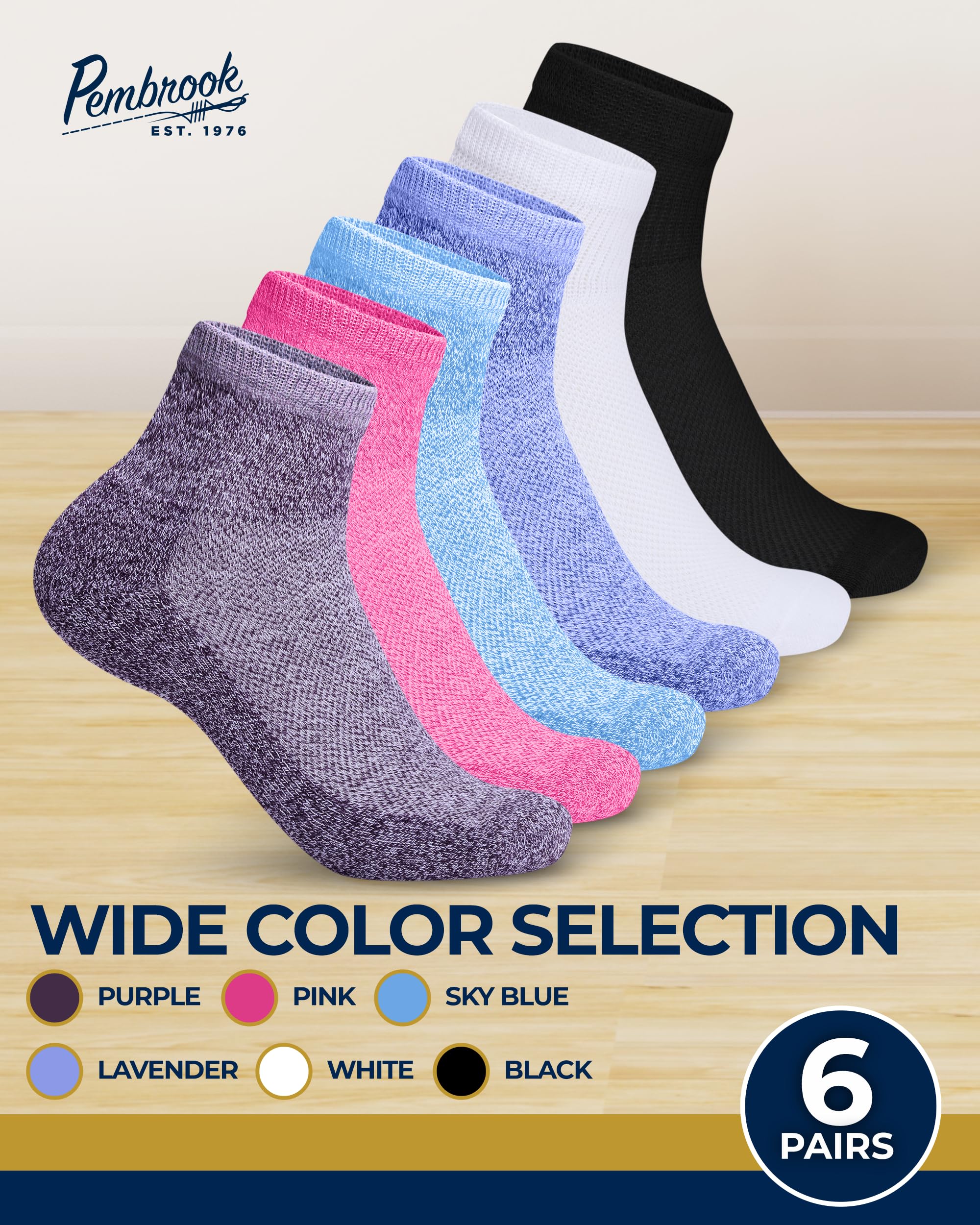 Pembrook Ankle Diabetic Socks for Women & Men | 6 Pairs | Wide Non Binding Socks Quarter Length | Edema Neuropathy Socks