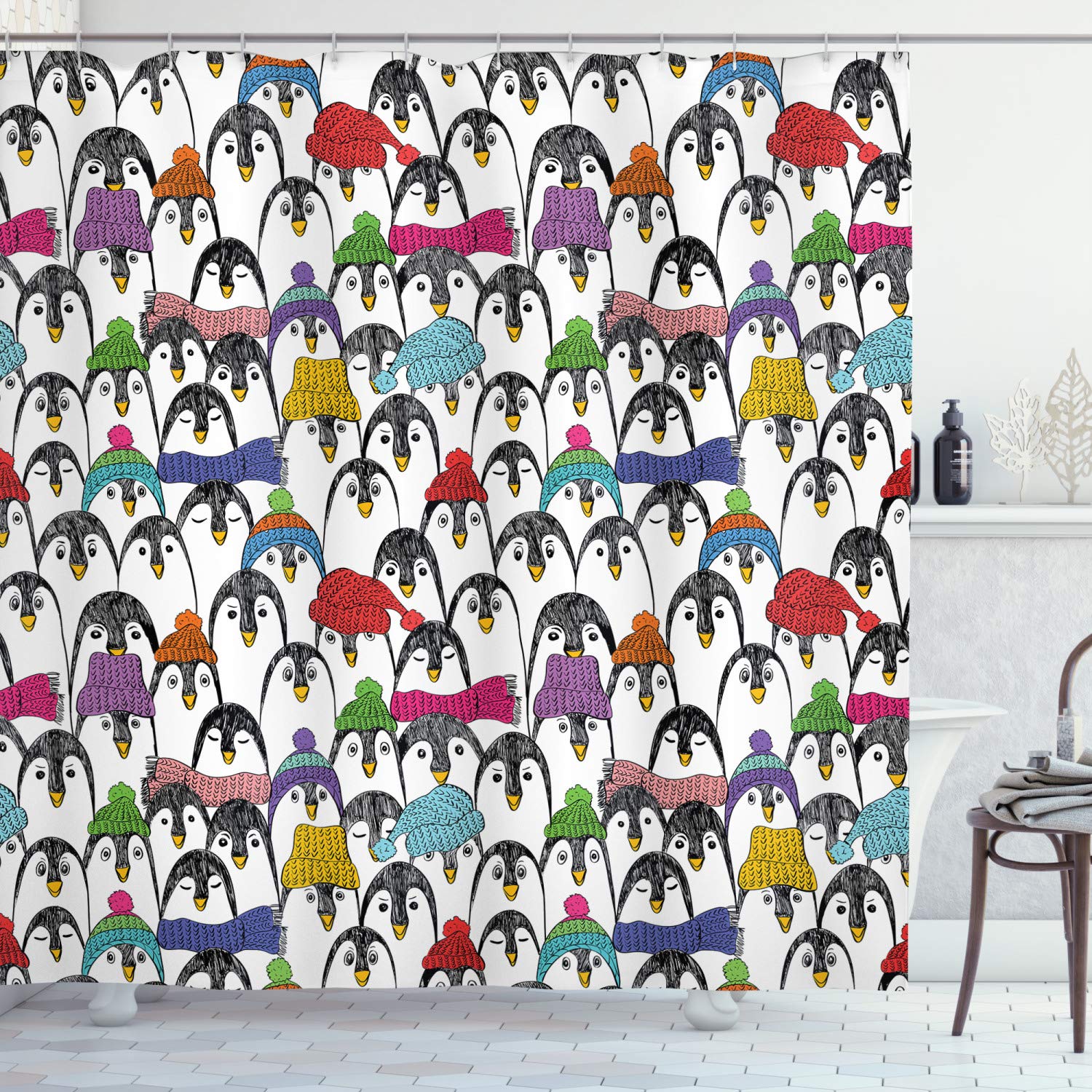 ABAKUHAUS Sea Animals Shower Curtain, Pattern Penguins in Colorful Hats and Scarfs Cold Winter Fun Art, Cloth Fabric Bathroom Decor Set with Hooks, 70 Inches, Multicolor — image 1