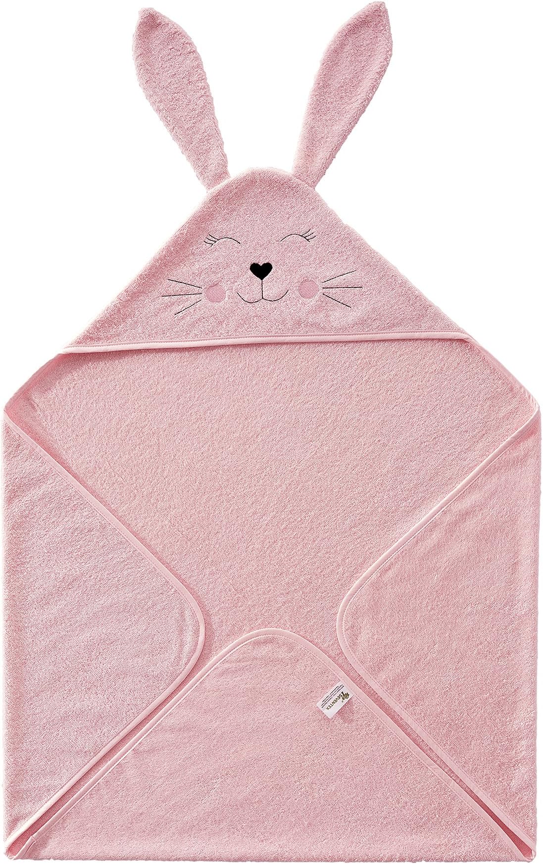 Seventex Pure Organic Baby Towel Set, Hooded Pink Towel with Ears (90x90cm) and White Wash Cloth (30x30cm). for Infant, Toddler and Kids, Certified by GOTS (Global Organic Textile Standard)