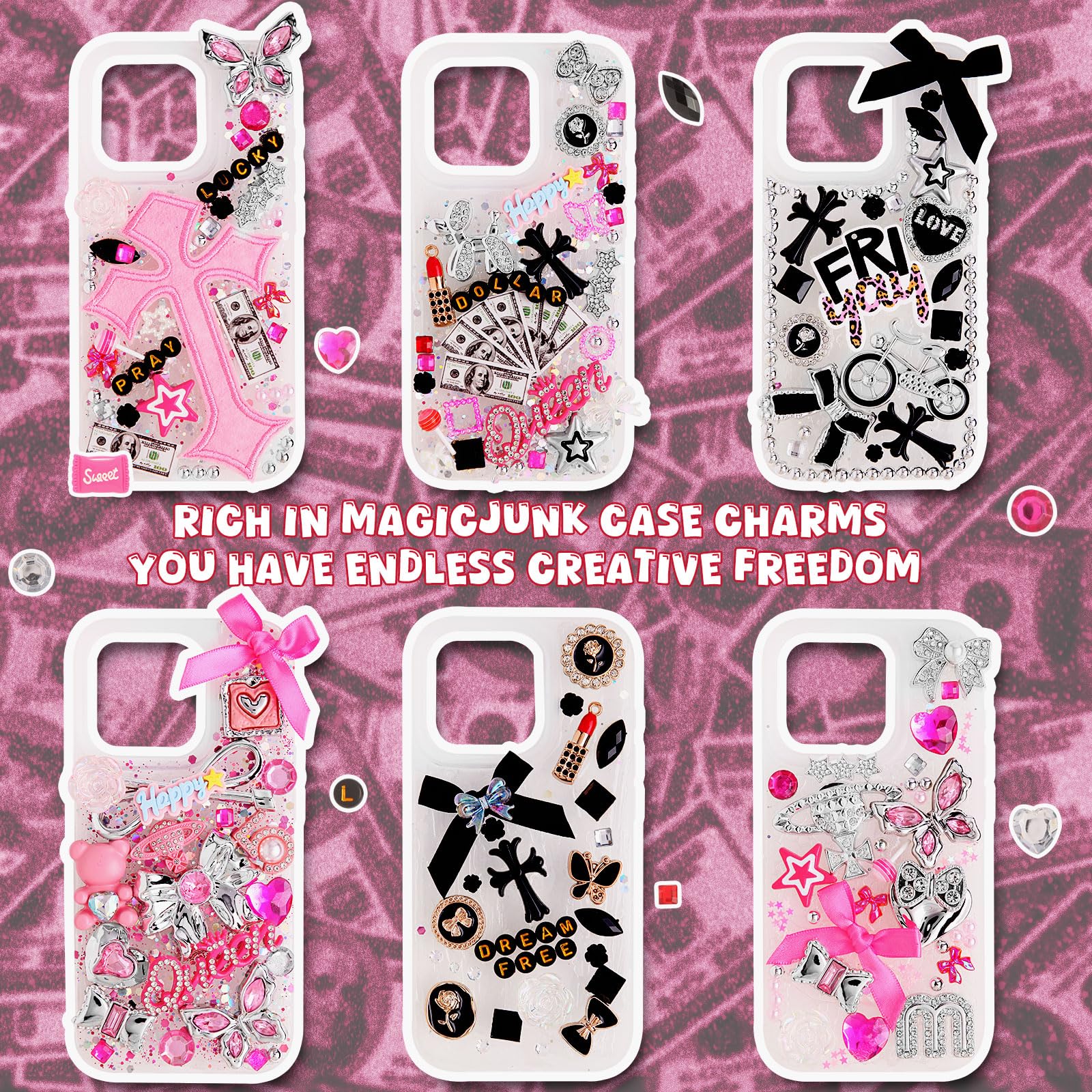 2380 Pcs Junk Phone Case Charms Kit,Charms for Customizing Diy Cases ，With Nail Accessories,Cute Bow,Flatback Pearls,Star,Love, Candy,Letter Beads,Cute Aesthetic Big Decor for Personalization