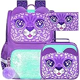 UFNDC 3PCS Kids Backpack for Girls, 15" Sequin Bookbag with Lunch Box, Leopard School Bag Set for Elementary Preschool Toddler