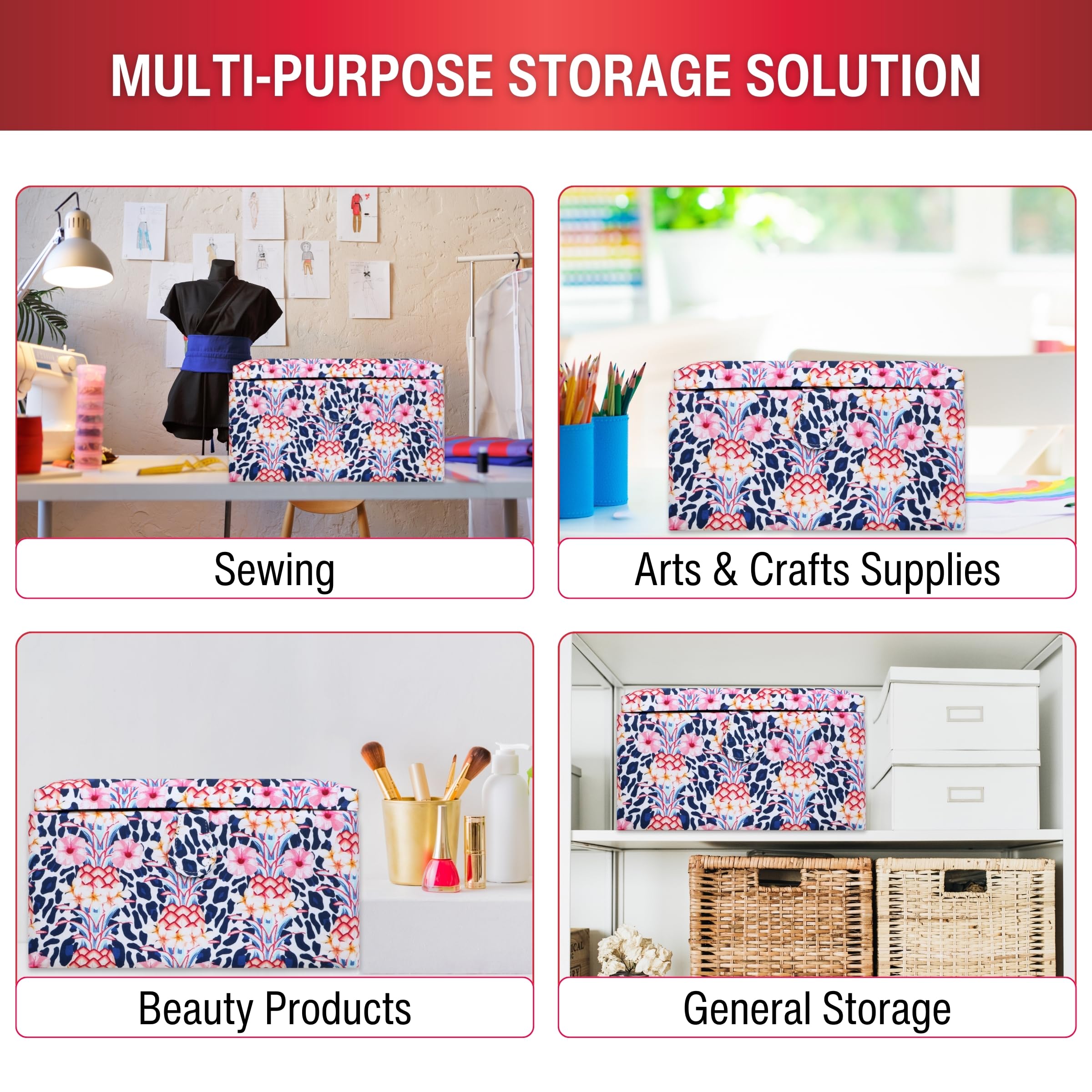 SINGER Large Premium Sewing Basket Tropical Animal Print with Emergency Travel Sewing Kit & Matching Zipper Pouch