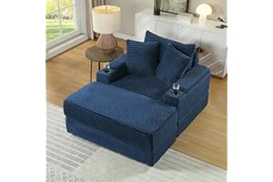 Tassullo Oversized Indoor Lounge Chaise Chair with Ottoman, Wide Corduroy Upholstered Sofa Chaise Pocket Spring Cushion, Cozy Living Room Chair with Storage Armrest & Cupholders (Blue)