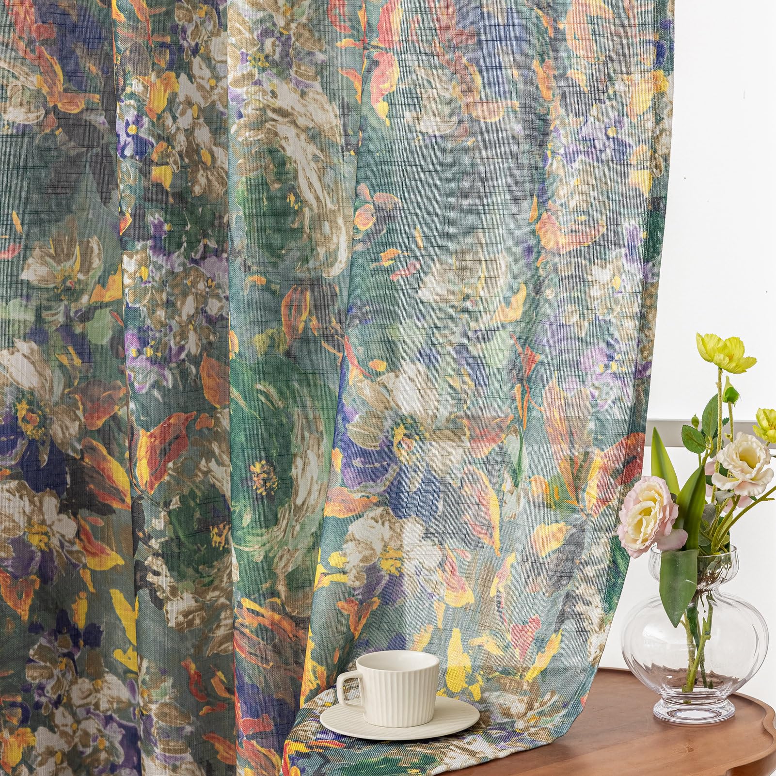 Photo 1 of SUOUO Vintage Floral Semi-Sheer Curtains Linen Textured for Living Room Patterned Green Painting Flower 84 inches Long Rod Pocket Light Filtering Window Drapes for Bedroom Dining 2 Panels