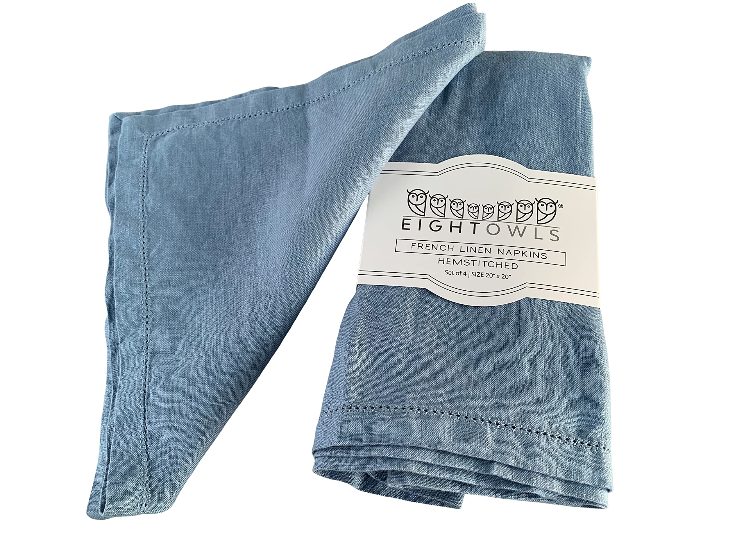 Hemstitched Linen Napkins – 50 cm x 50 cm - Stonewashed Pure Linen Cloth Napkins with Mitered Corners – Set of 4 (Dusty Pastel Blue)