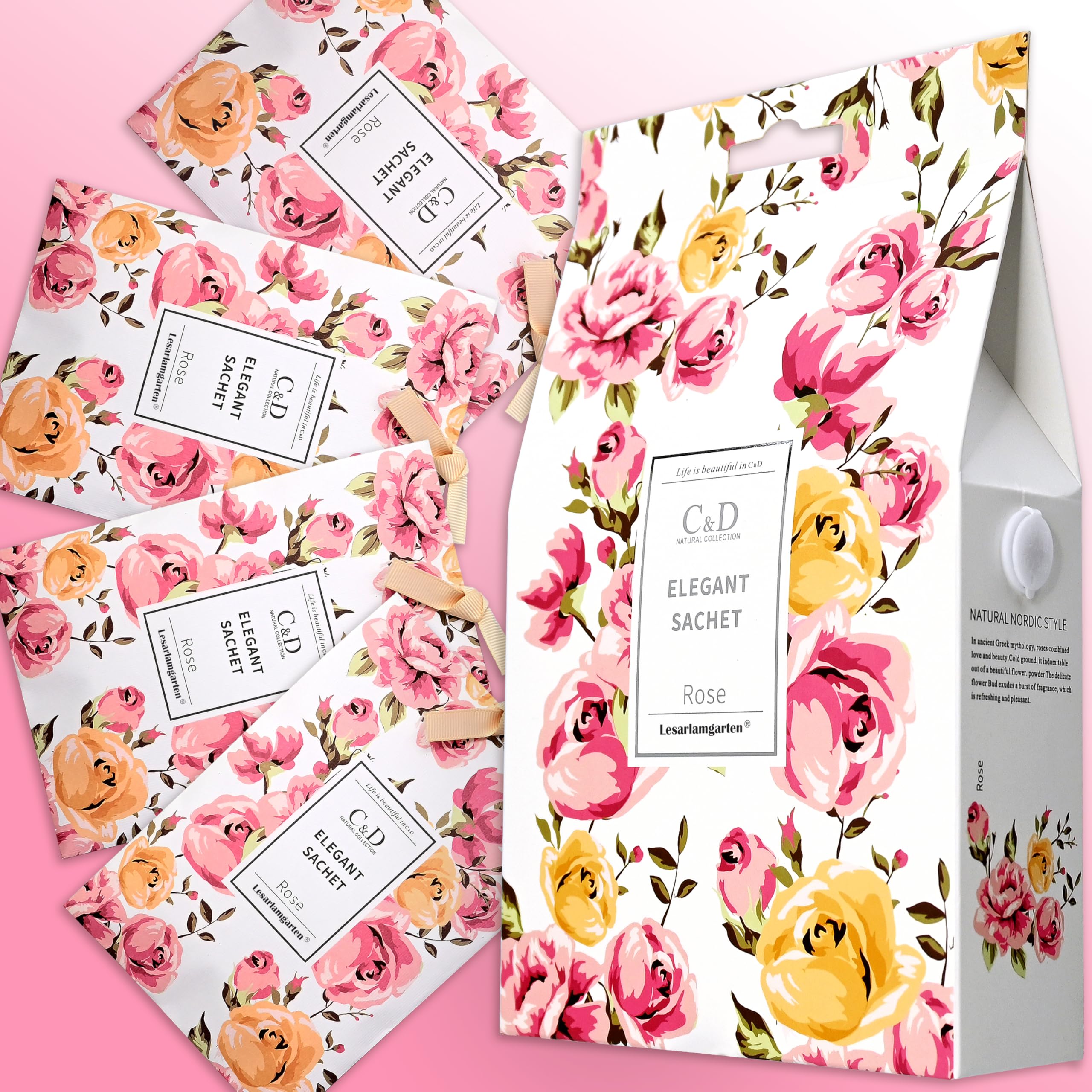 Rose Scented Sachets, Wardrobe Fresheners, Fragrance Bags for Moths, Drawers, Closets, Office, Bedroom, Bathrooms, Living Room, Cars, Sports Bag - Gift Box, 4 Pack