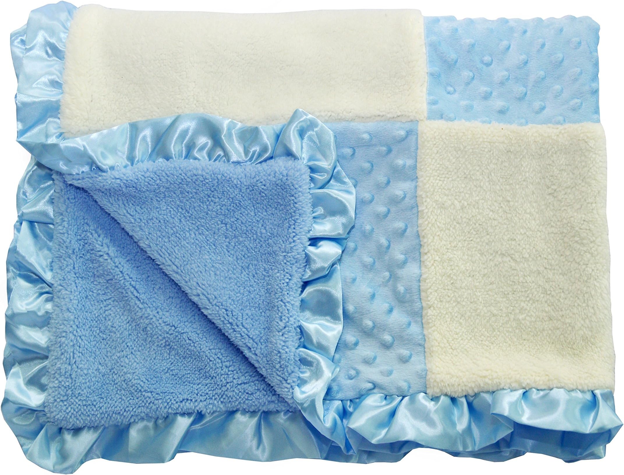 Extra Large Nursery Baby Boy Blanket by Zoomy Baby – Blue & White Patchwork Design - Minky & Fleece, Satin Trimmed - Ideal Baby Shower & Welcoming Gift - 45" X 35"