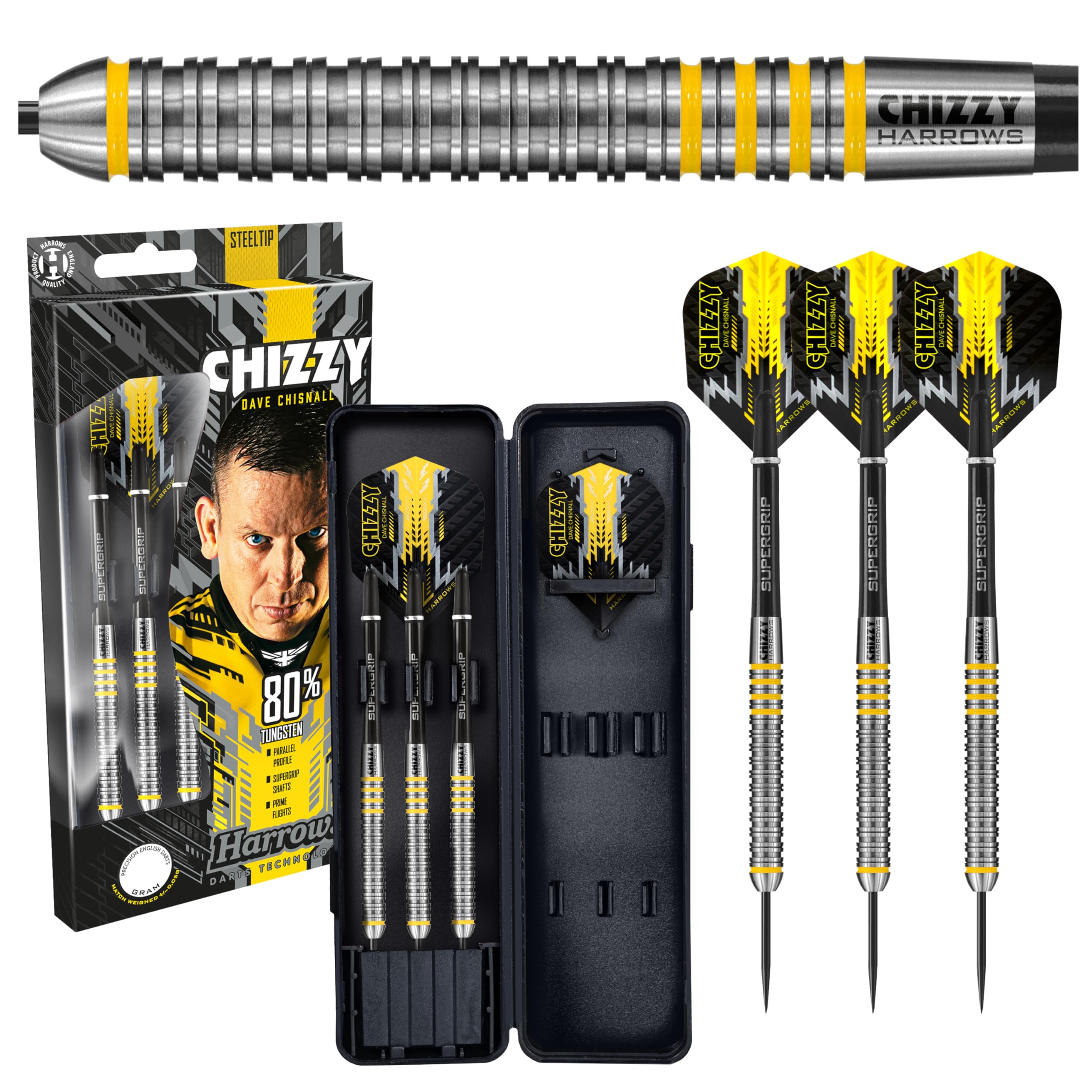 Harrows Dave Chisnall Chizzy 80% Tungsten Steel Tip Darts Set 21g, 22g, 23g & 24g - Includes Black Midi Supergrip Shafts, Prime Flights & Travel Case (24g)