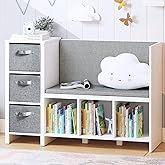UTEX Kids Reading Nook Bench with Bookshelf, Kids Bookcase and Storage Organizer with Seat Cushion, Reading Bench with Bins for Bedroom & Entryway, White