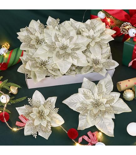 24 Fleurs De Poinsettia De Noël Artificielles À Paillettes Poinsettias