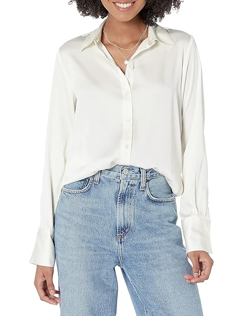 Amazon Essentials Women's Regular-Fit Satin Button Down Blouse (Available in Plus Size), Eggshell, 4X